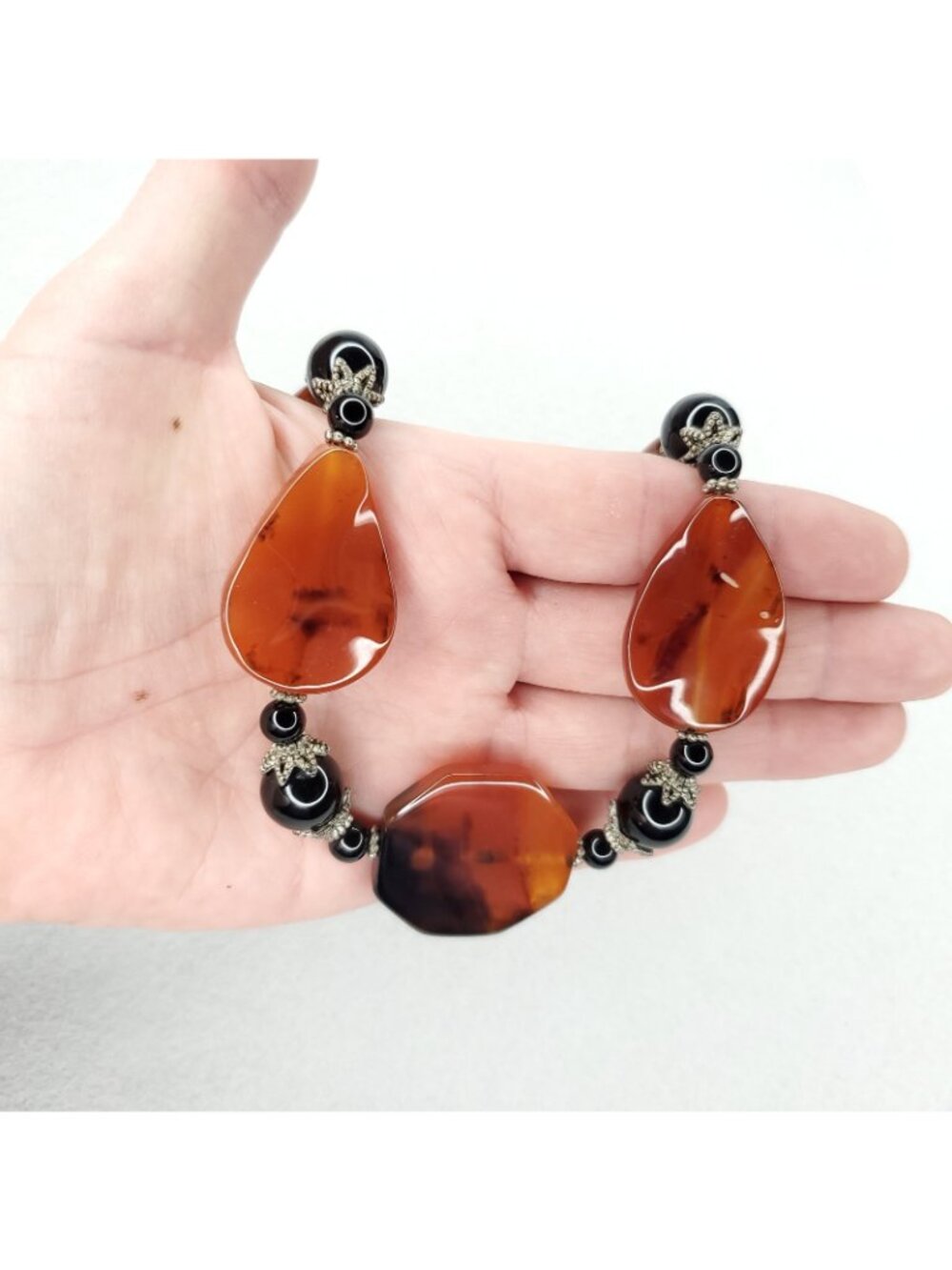 Polished Agate Beaded Necklace Rust Orange Black Toggle Boho 16" - Picture 6 of 6